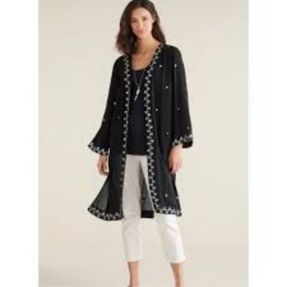 Soft Surroundings Black Open Front Duster Kimono  with Silver Accents Size Large - Picture 1 of 10